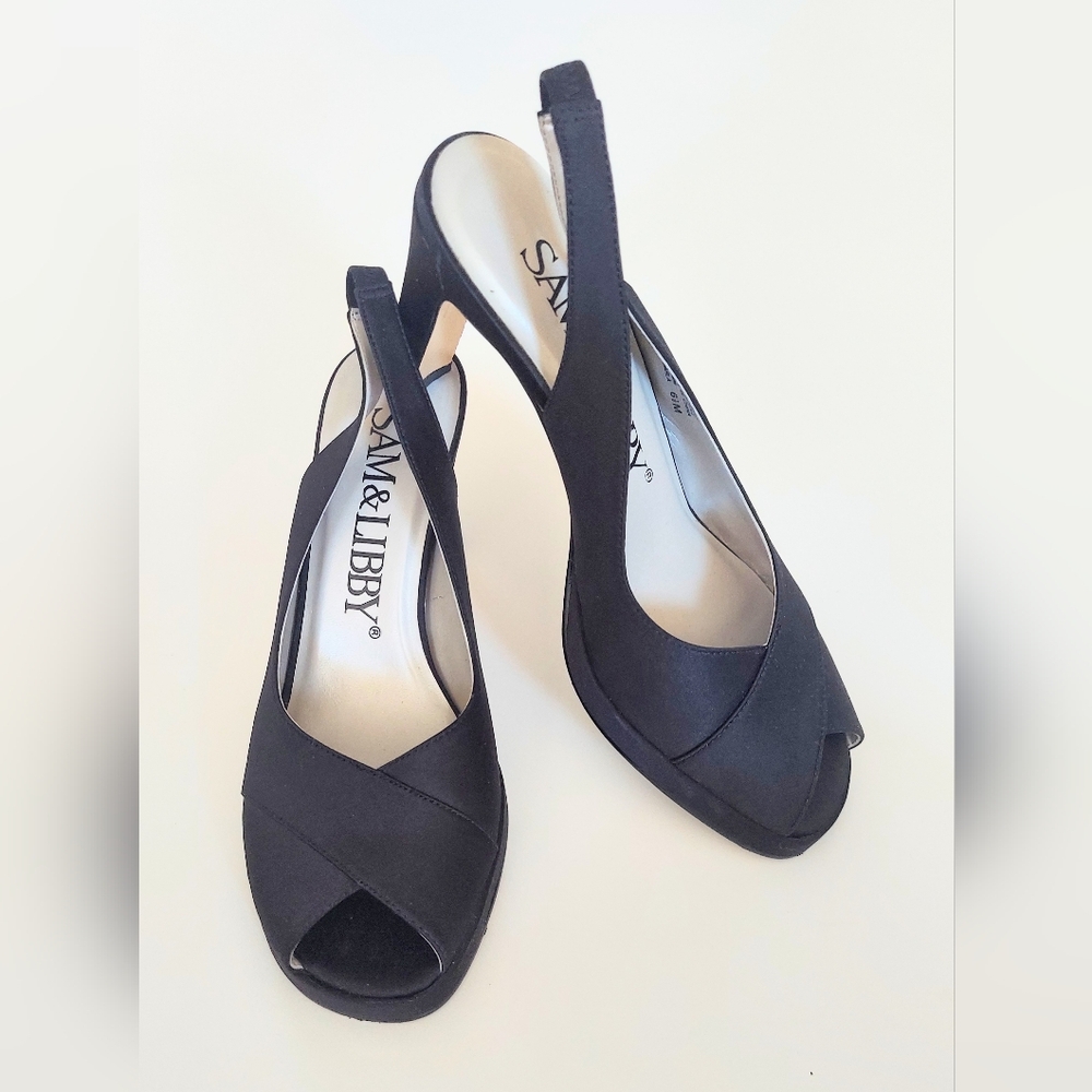 Sam & Libby Darla Satin Open Toe Pumps Heels Black Size 6.5M